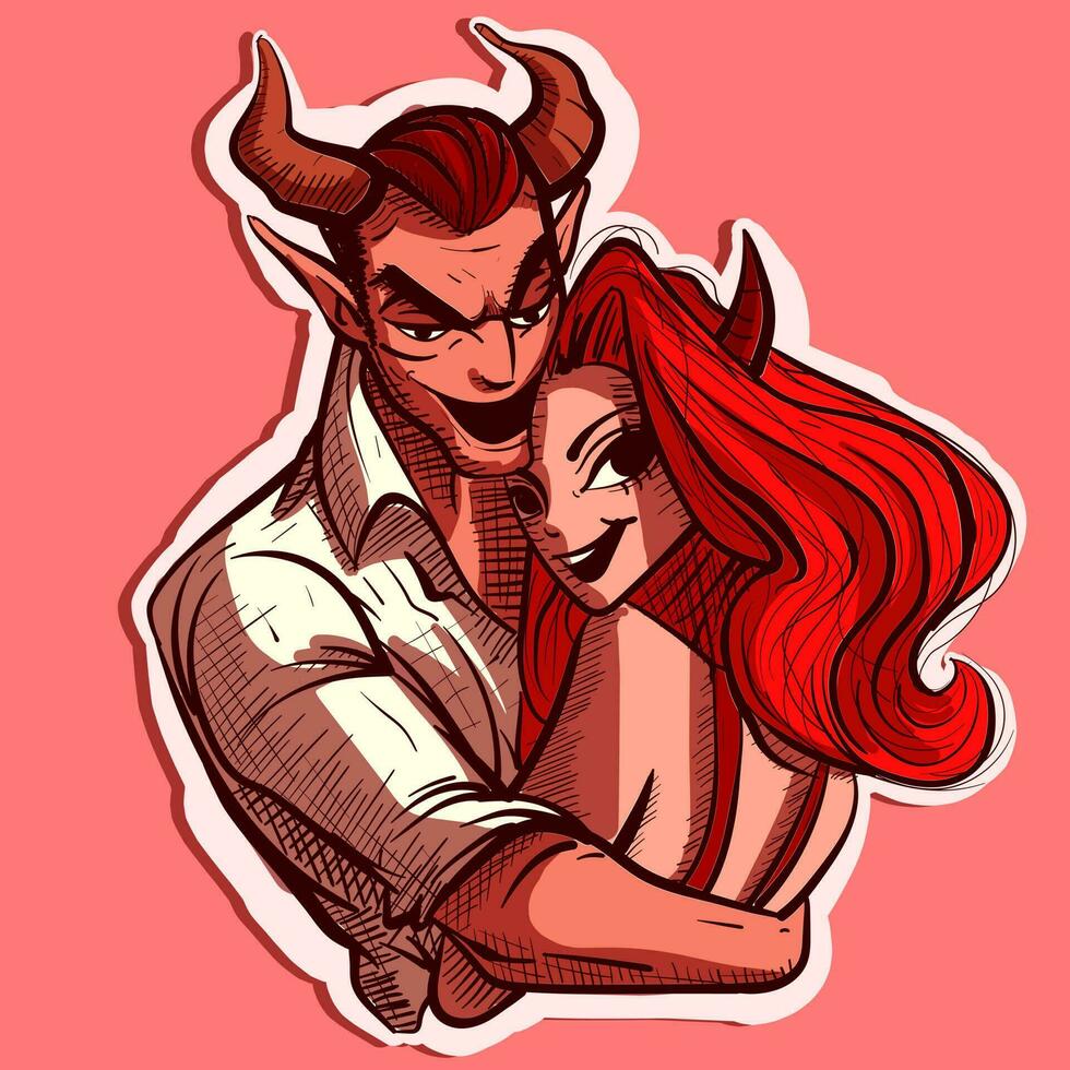 Digital art of two demons hugging and holding each other. Vector of a demon couple with horns, valentine's day concept.