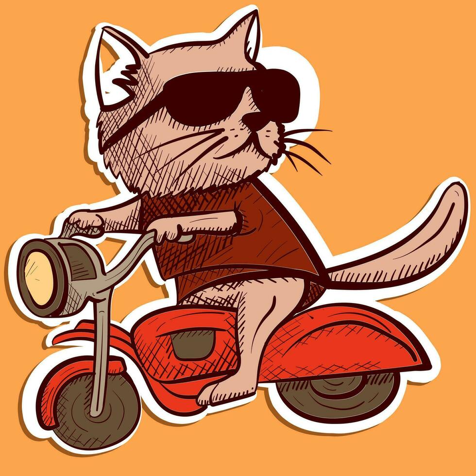 Digital art of a cool cat with sunglasses riding a motorcycle. Cartoon character of a kitty biker riding a motor. vector