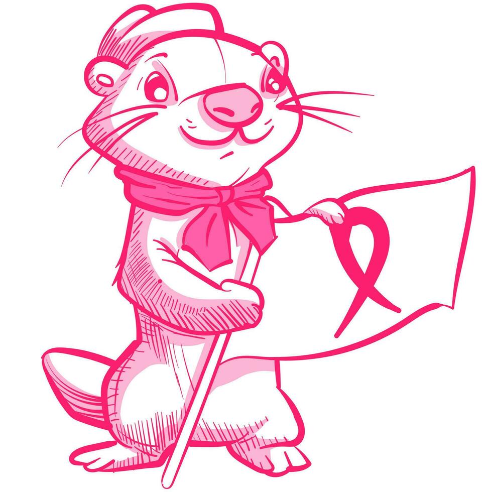 Conceptual art of an otter cartoon character holding a breast cancer awareness ribbon. Pink mascot supporting a medical cause. vector