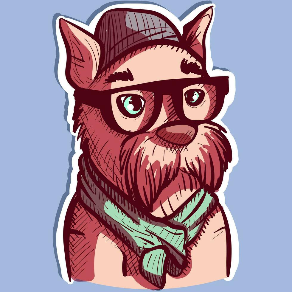 Digital art of a hipster schnauzer wearing eyeglasses, a hat and a scarf. Vector of a casual shi tzu dog wearing modern clothes