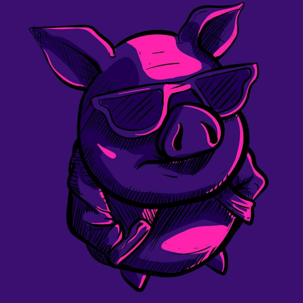 digital Arte de un frio gangsta cerdo vistiendo Gafas de sol y un chaqueta debajo rosado neón luces. vector de un matón cerdito debajo uv con su manos en el bolsillo