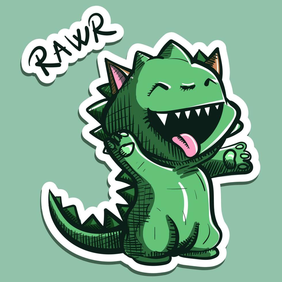 Digital art of a cartoon cat character wearing a dino costume and saying rawr. Vector of a dinosaur kitty going trick or treat for Halloween