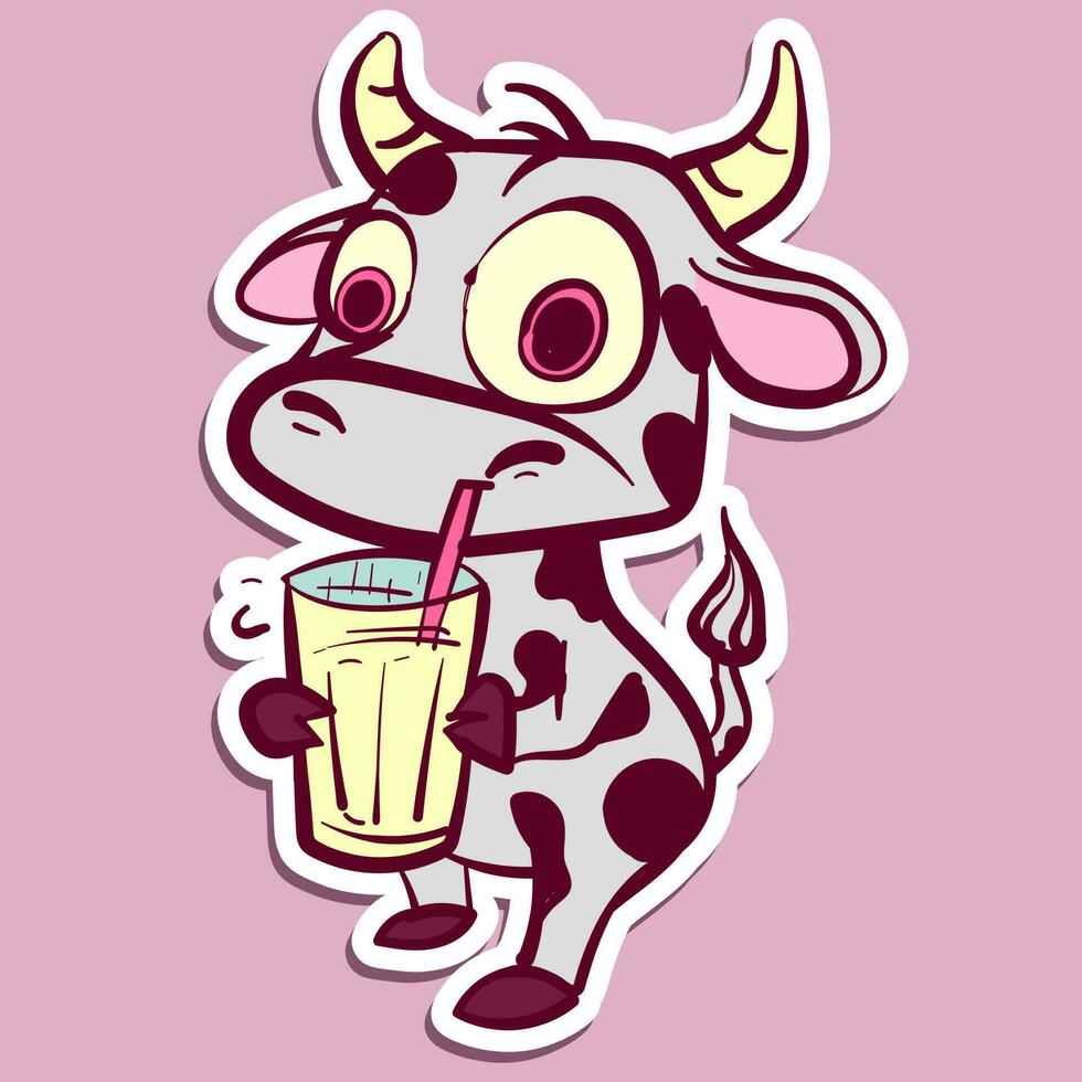 Digital art of a quirky animal character drinking milk from a glass. Vector of a funny cow sticker drinking lemonade with a straw