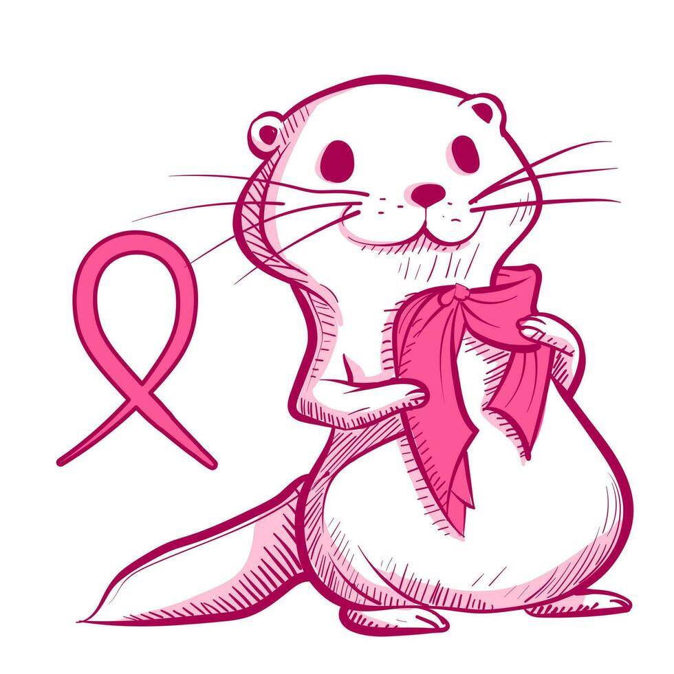 Conceptual art of a pink otter wearing a scarf for breast cancer awareness month. Cute cartoon character of a weasel with the breast cancer bow near it. vector