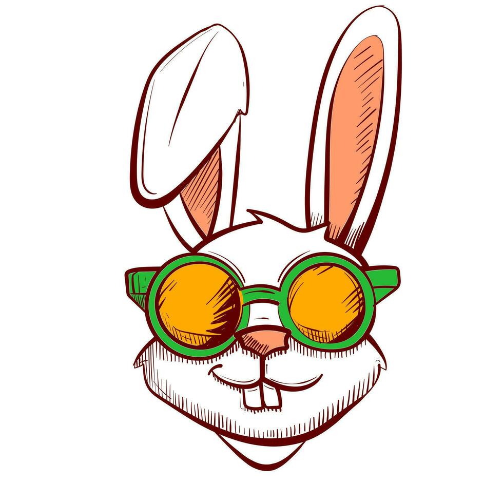 Digital art of a cute white bunny head with yellow sunglasses. Vector of a rabbit