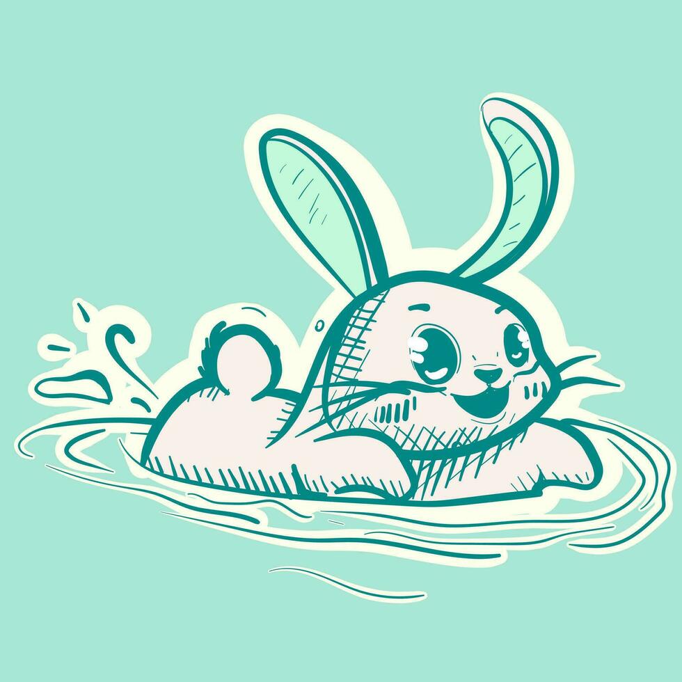 Digital art of a cute bunny swimming in a pool and splashing water. Vector of an adorable rabbit playing in the ocean