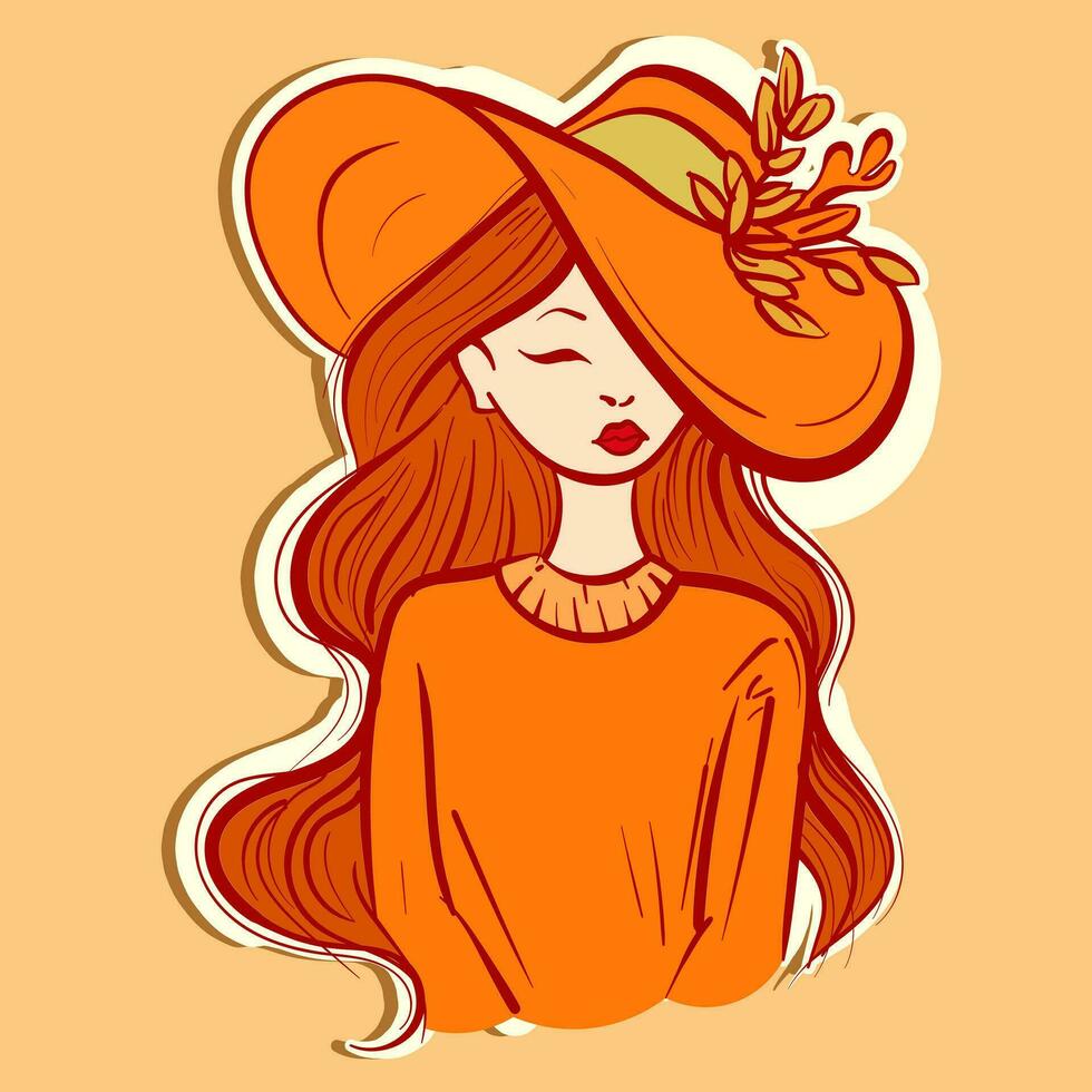 digital Arte de un mujer con otoño vibraciones vistiendo un grande sombrero con otoño hojas. monocromo ilustración de un dibujos animados niña con naranja suéter vector