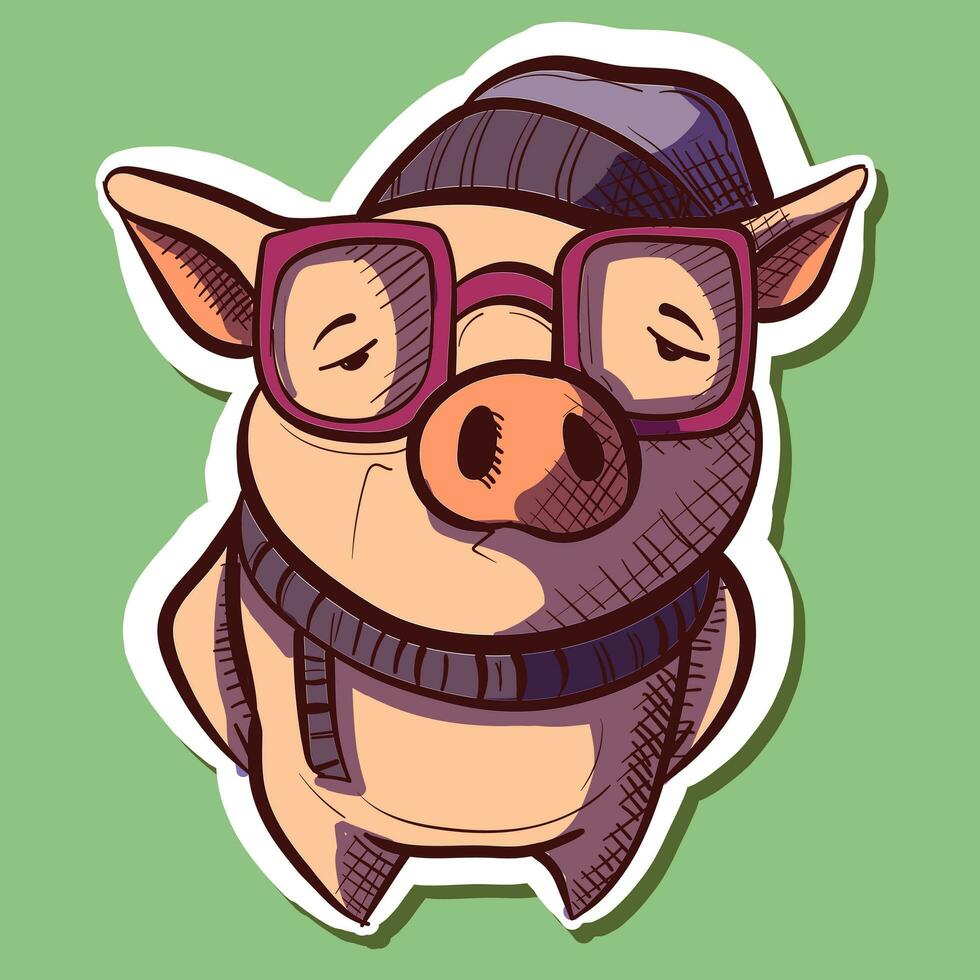 Digital art of a hipster pig wearing a scarf, a hat and glasses. Vector of a modern piglet wearing fashion clothes
