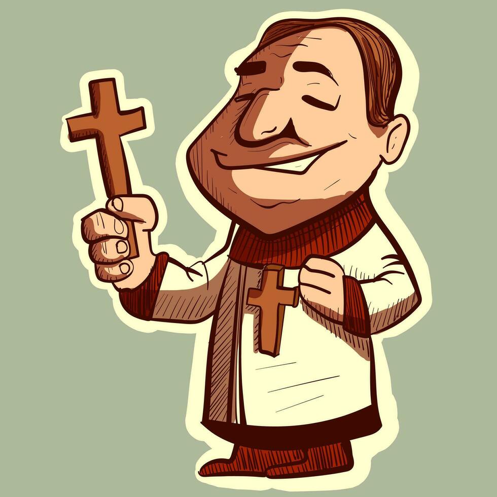 Digital illustration of a catholic priest holding a crucifix in his hand. Vector of an exorcist or pastor, cartoon character.