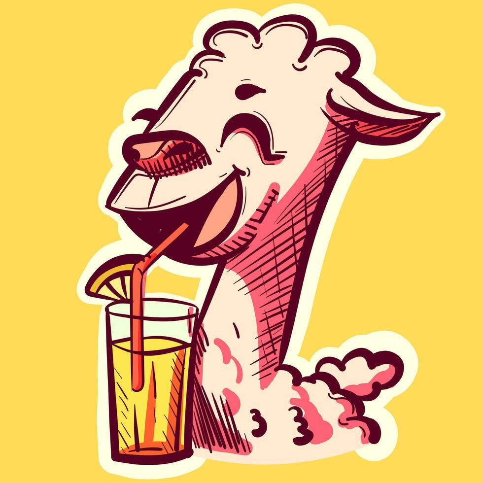 Digital art of a llama cartoon character sipping lemonade from a straw. Vector of an alpaca drinking a beverage from a glass.