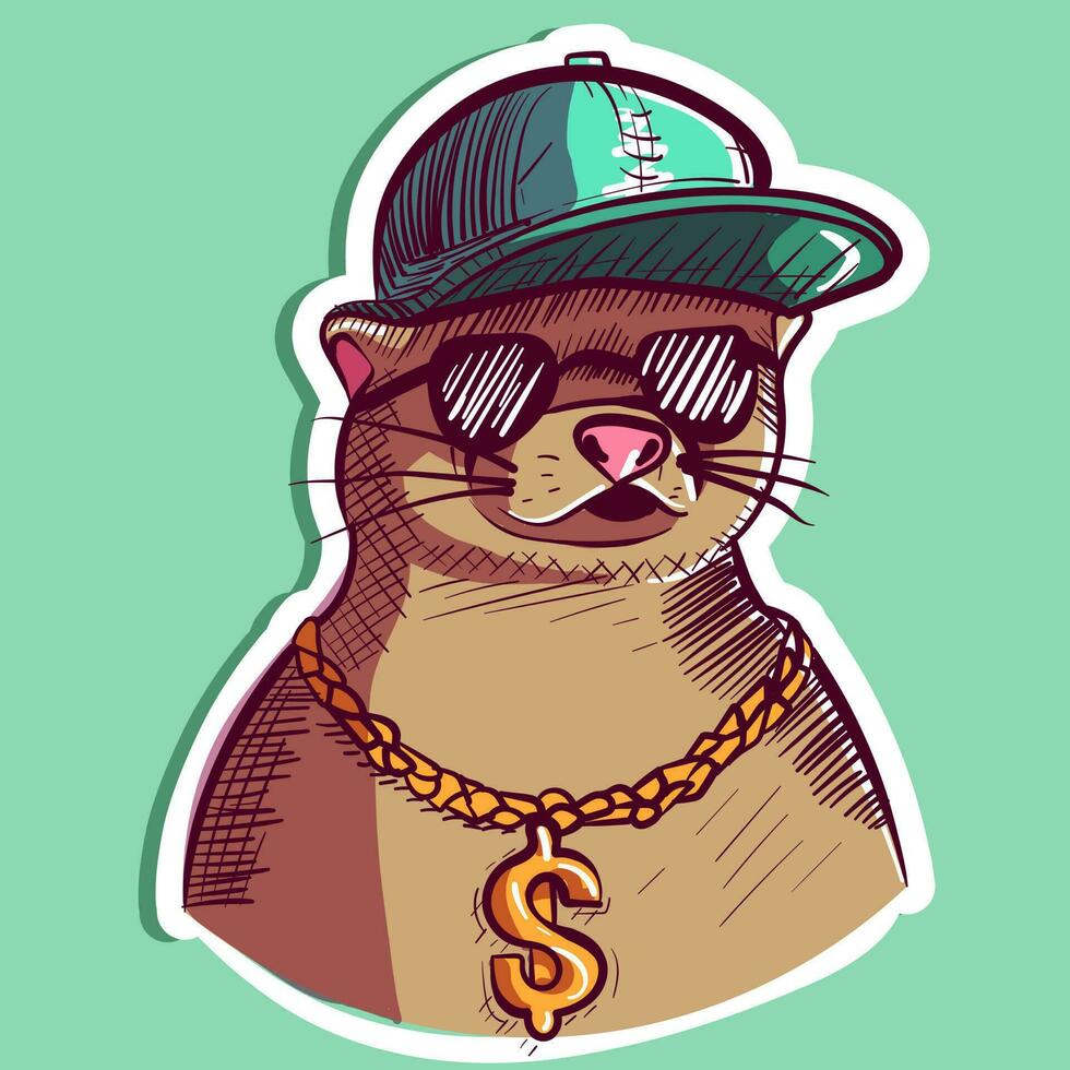 digital Arte de un matón nutria vistiendo un cadera salto sombrero y un oro cadena con el dólar signo. dibujos animados personaje cabeza de un comadreja con Gafas de sol vector