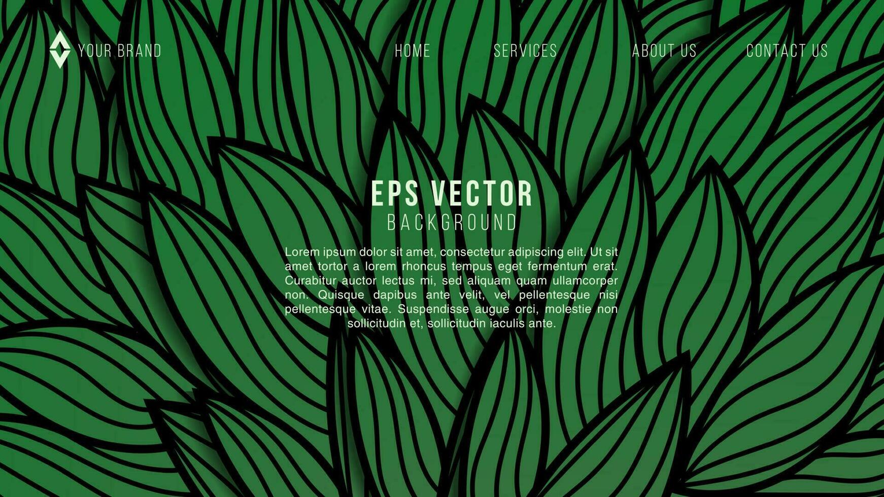Abstract green web background of doodle shapes, lines on green background with blank space in center for text. Minimalist wavy background. vector