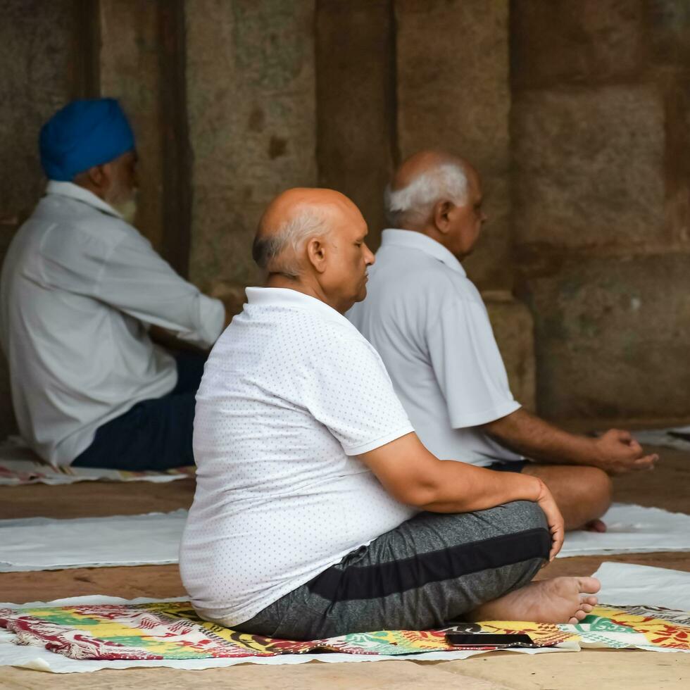 New Delhi, India, May 31 2023 - Group Yoga exercise class for people of different age in Lodhi Garden, International Yoga Day, Big group of adults attending a yoga class in park photo