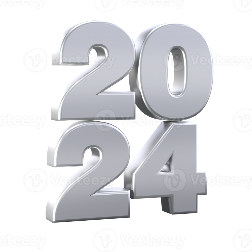 Realistic 3D silver numbers 2024 isolated transparent png. New Year and Merry Christmas holidays greeting card concept for web, print design element png