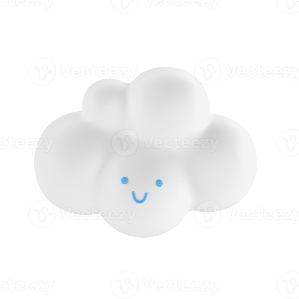Light white 3d cloud icon cute face rendering. Render soft round cartoon fluffy cloud icon shape illustration isolated transparent png background