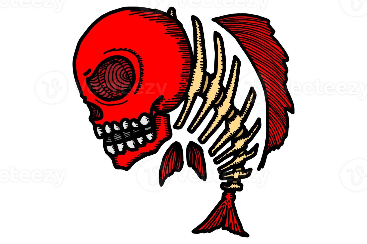 Red Fish Skeleton With Human Skull Head Illustration png