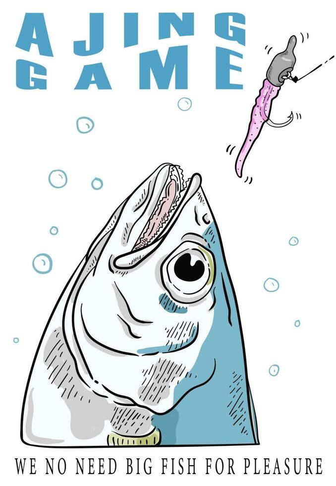 ajing game fishing vector, mackerel heads want to eat soft plastic lure,  with white background and bubbles. vector