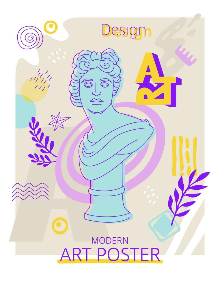 Creative modern art poster, classical sculpture. For exhibition, culture, music and design. Vector illustration