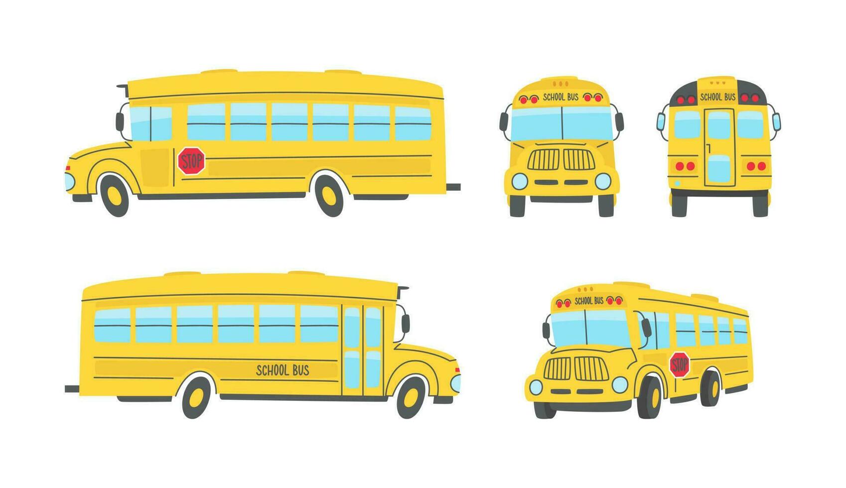 Yellow school bus from different angles. Front, back and two side views. Vector set in cartoon style.