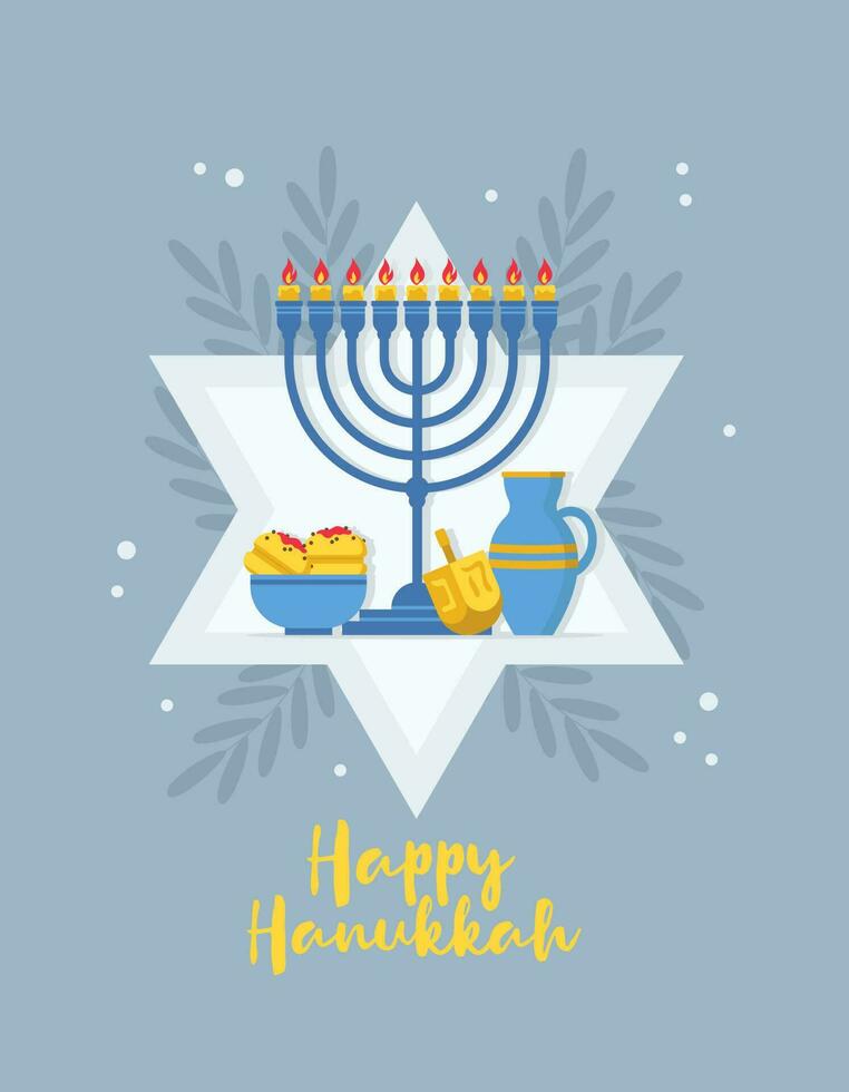 Happy Hannuka. Hanukkah symbols. Traditional Jewish holiday greeting card design with congratulations. Menorah, Star of David, Sufganiyot, jug and dreidel. Flat vector illustration.