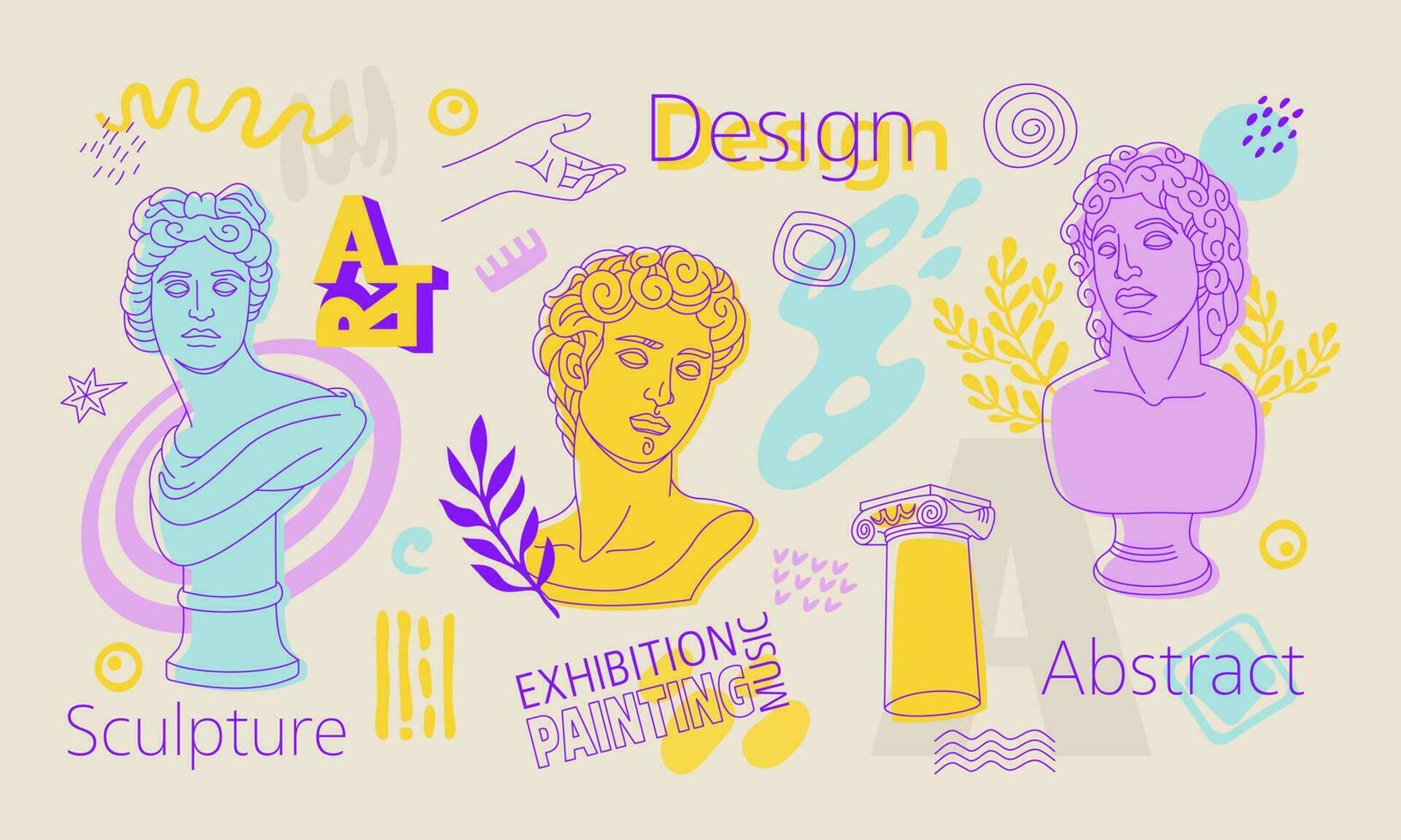 Art objects for the exhibition of painting, culture, sculpture, music and design. Modern sculpture. Vector abstract modern illustrations