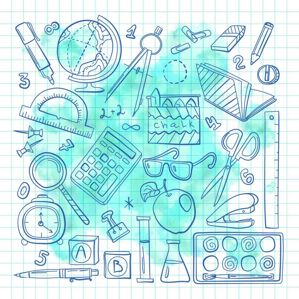 Set of school objects on a checkered background with watercolor stains. Freehand illustration vector