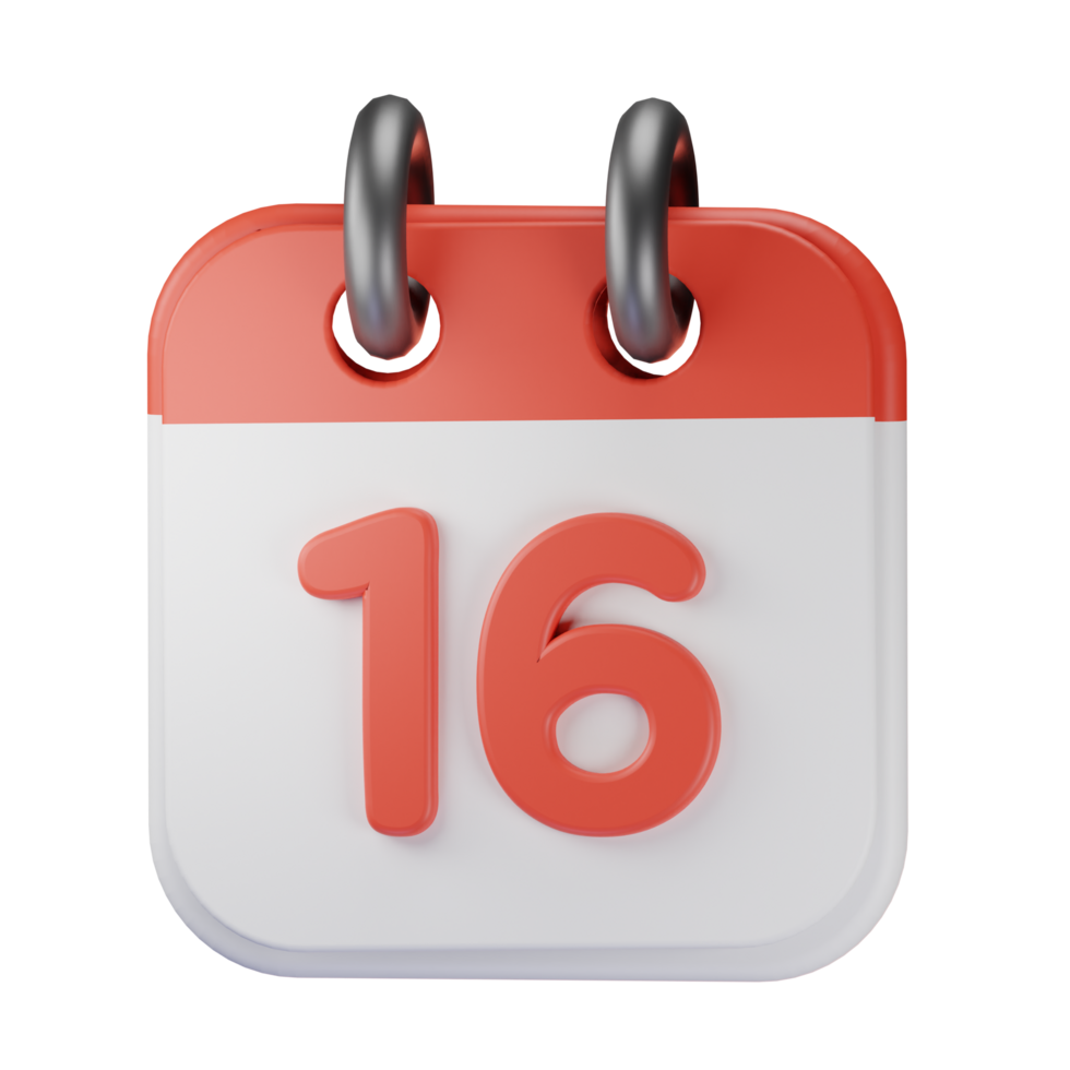 3d icon date 16 red calendar illustration concept icon render png