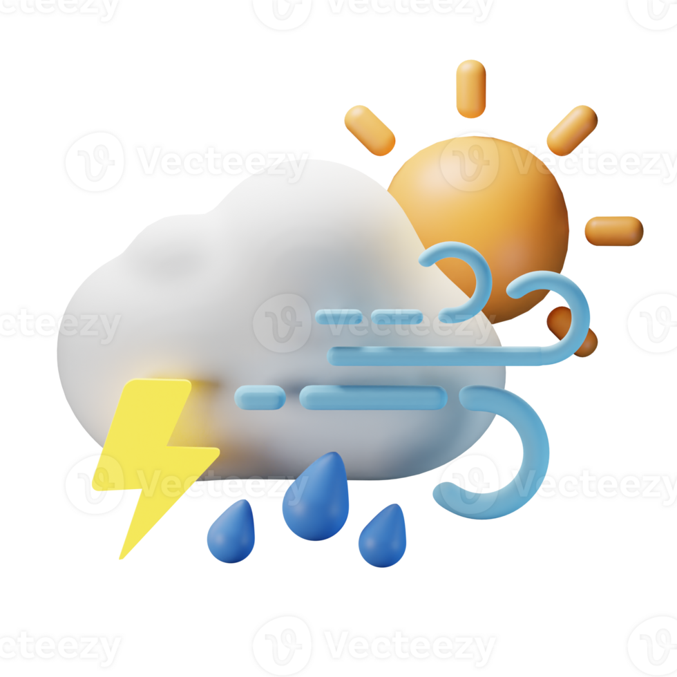 3d icon day thunderstrom heavy rain windy weather forecast illustration concept icon render png