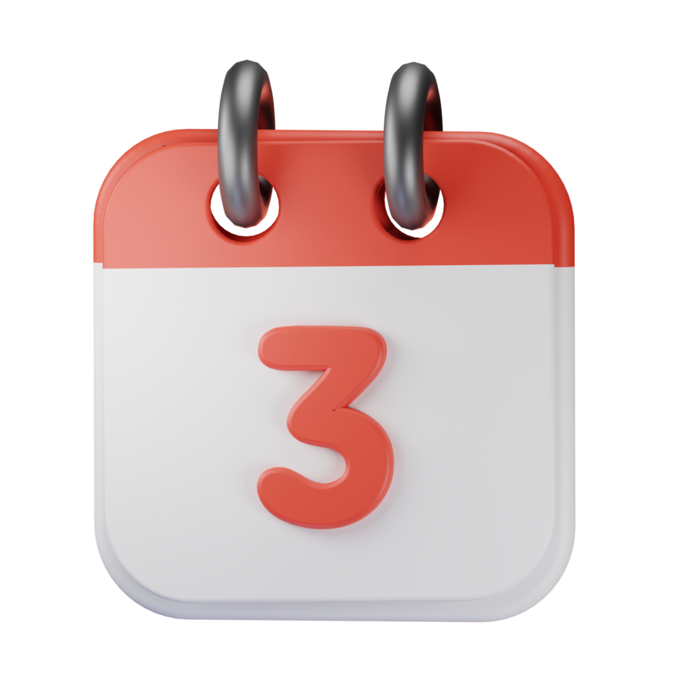 3d icon date 3 red calendar illustration concept icon render png