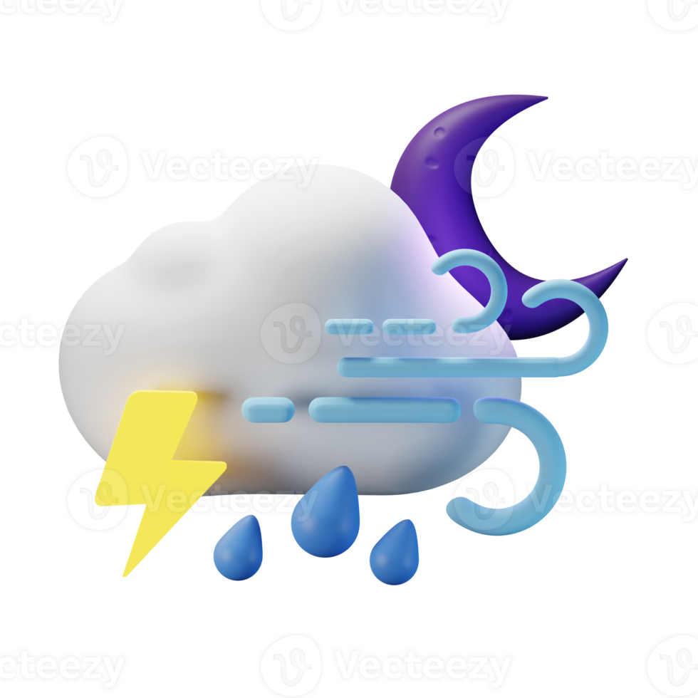 3d icon night half moon thunderstrom heavy rain windy weather forecast illustration concept icon render png