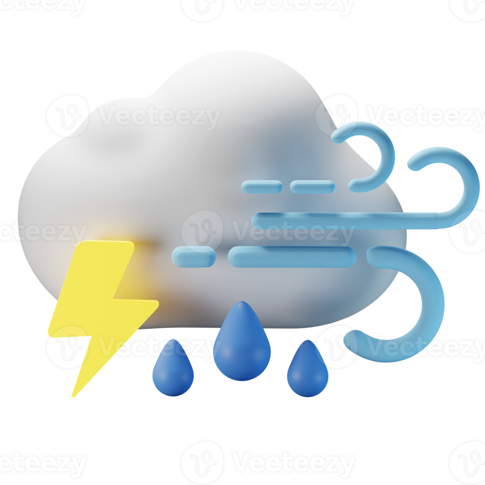 3d icona nuvoloso tuono pioggia ventoso tempo metereologico previsione illustrazione concetto icona rendere png