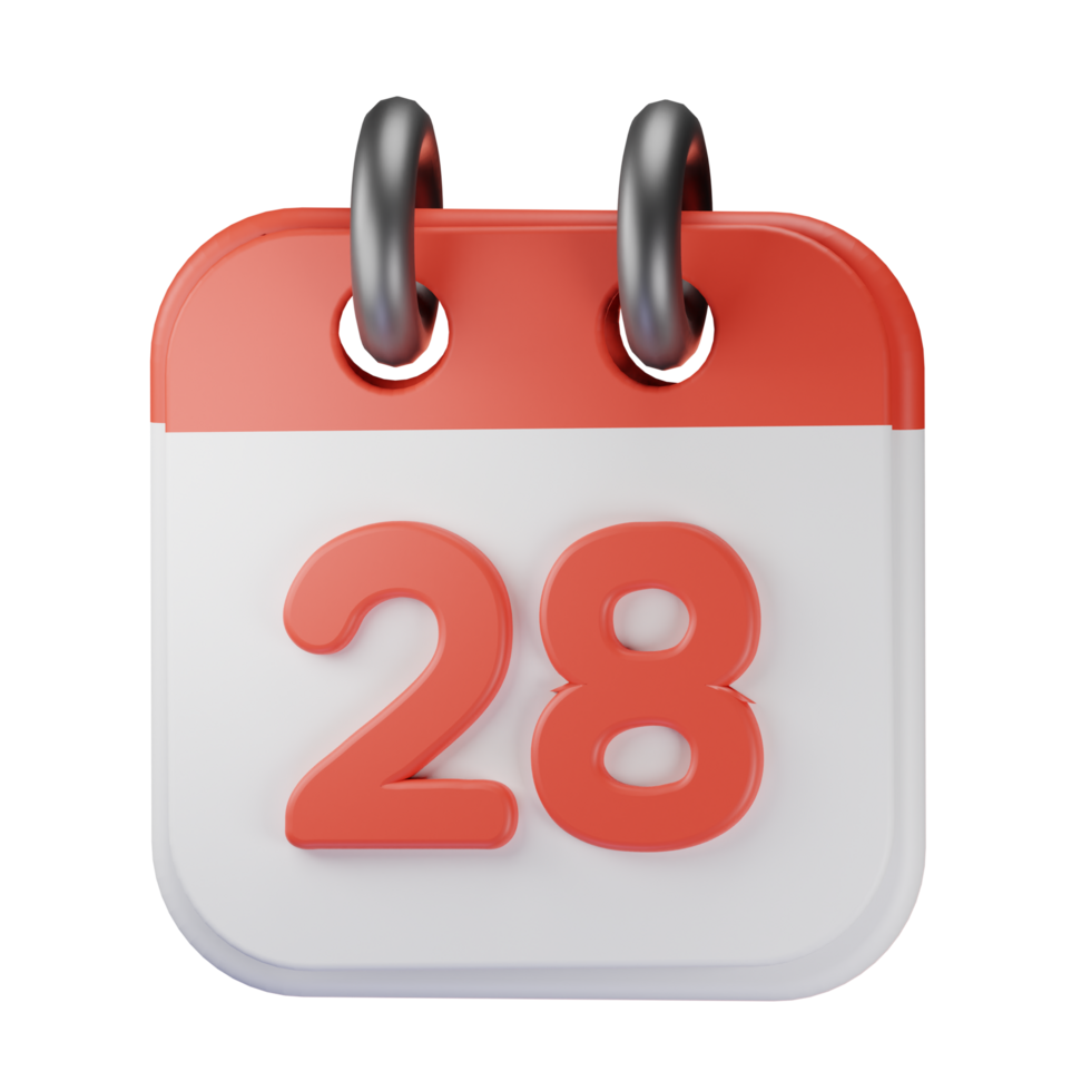 3d icono fecha 28 rojo calendario ilustración concepto icono hacer png