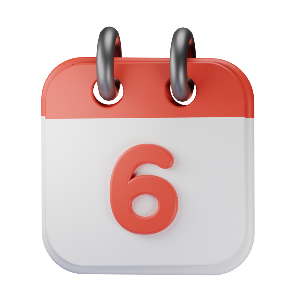 3d icône Date 6 rouge calendrier illustration concept icône rendre png