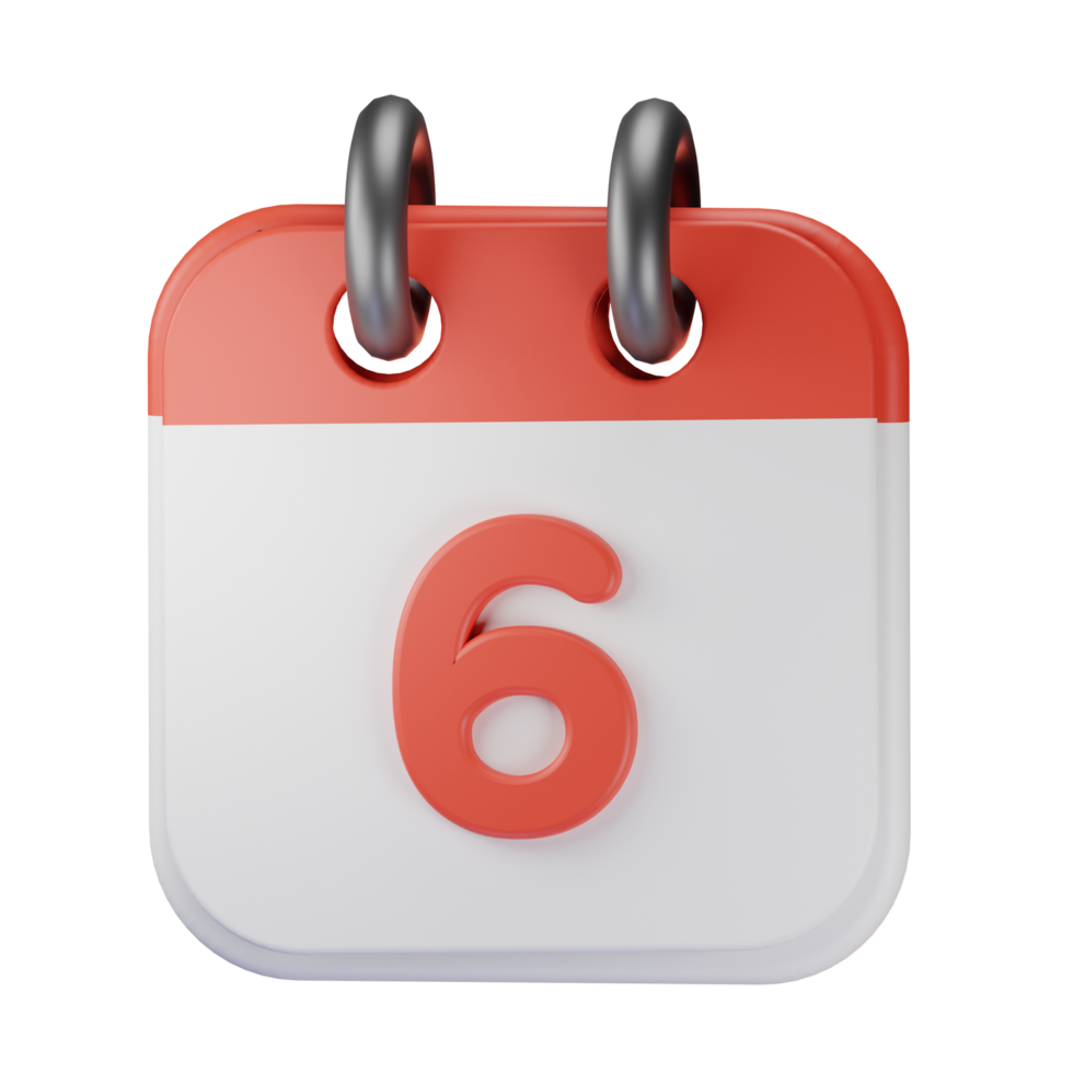 3d icon date 6 red calendar illustration concept icon render png