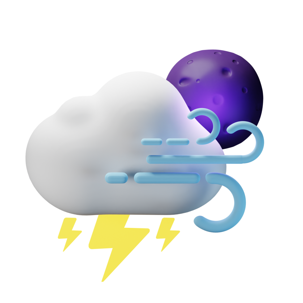 3d icon night full moon thunder windy weather forecast illustration concept icon render png