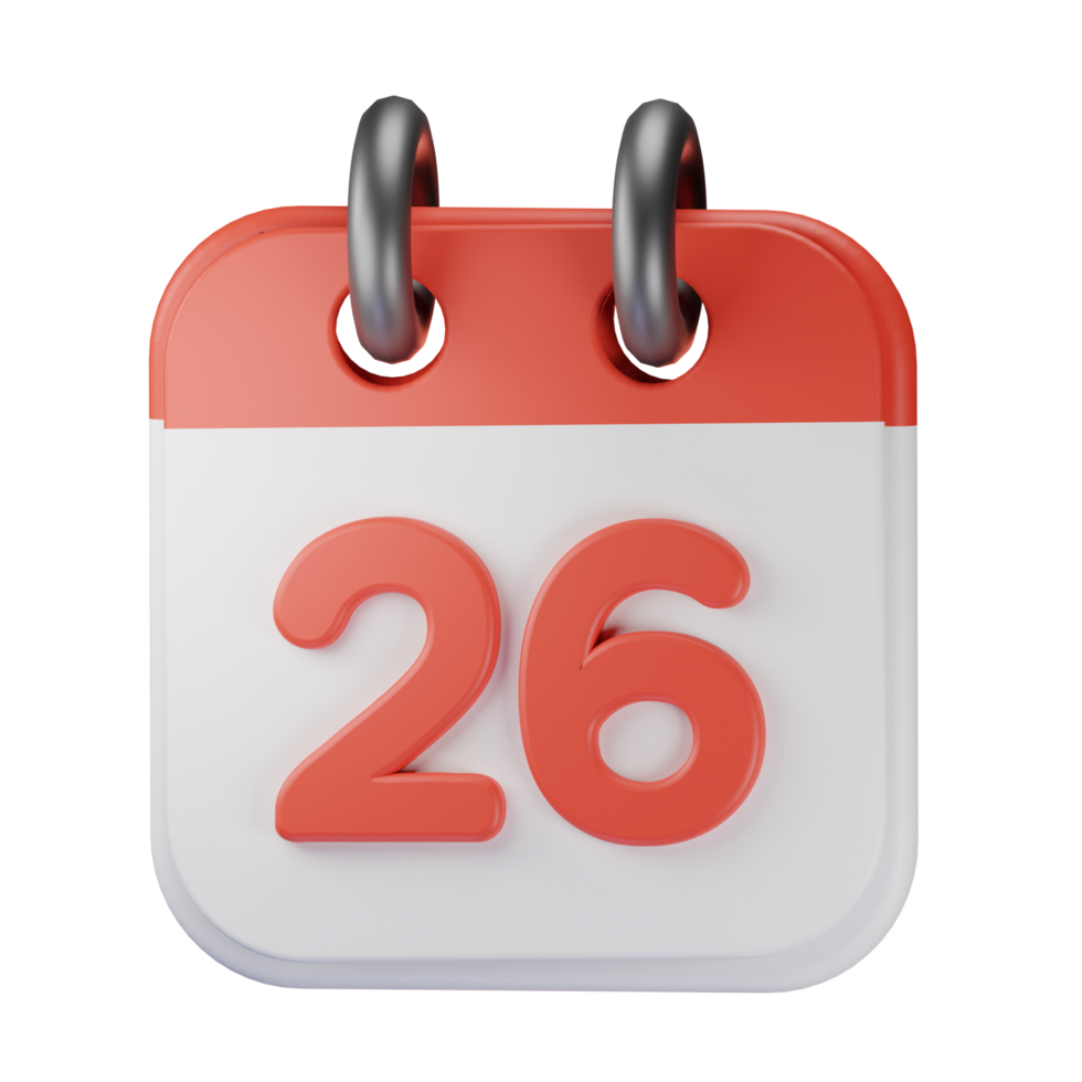 3d icon date 26 red calendar illustration concept icon render png