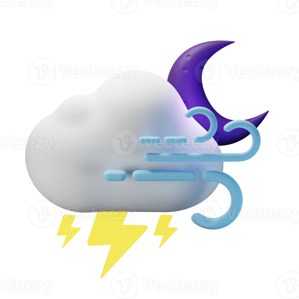 3d icon night half moon thunder windy weather forecast illustration concept icon render png