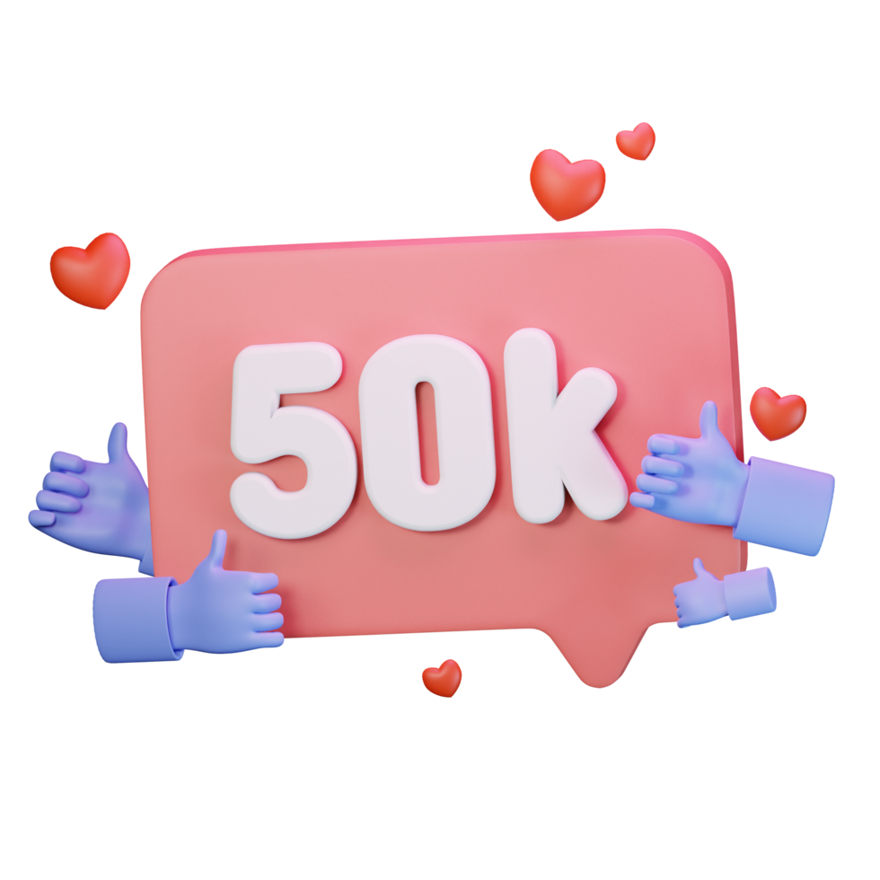 3d icon 50k like follow love social media illustration concept icon render png