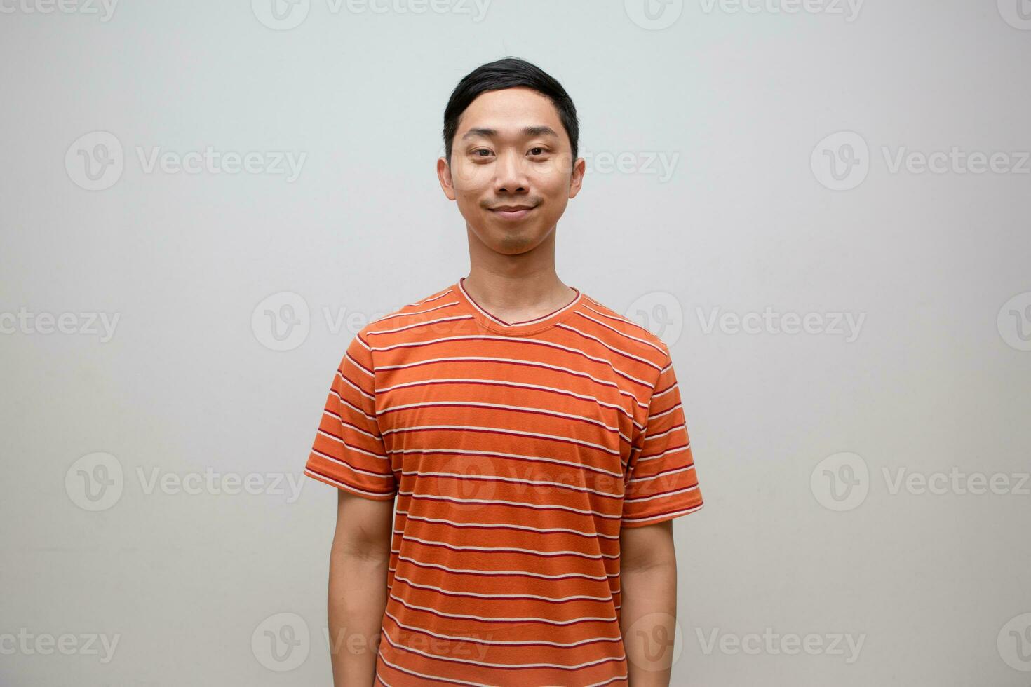 Positive asian man striped shirt happiness smile isolated photo