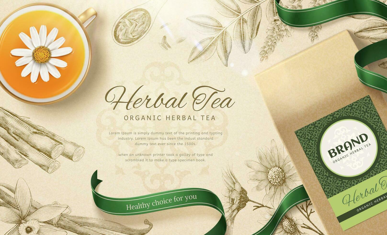 Organic herbal tea in 3d illustration with engraved herbs background vector