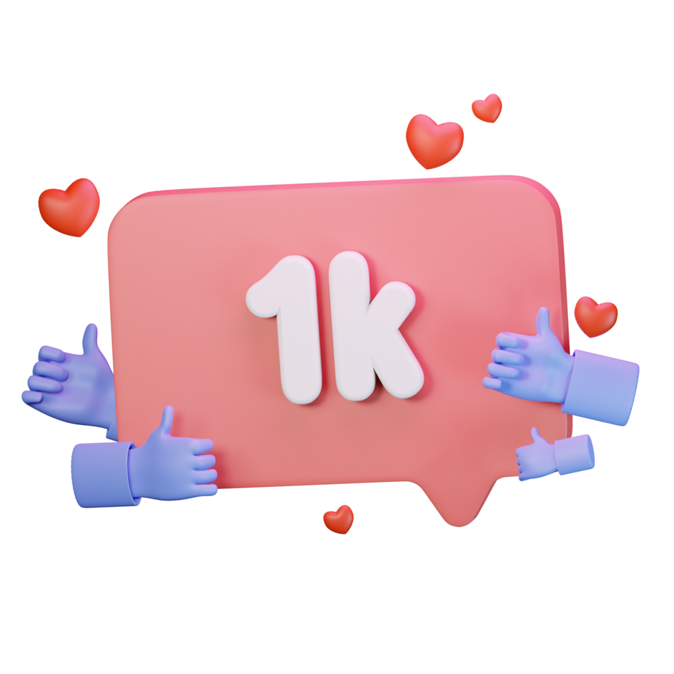 3d icon 1k like follow love social media illustration concept icon render png