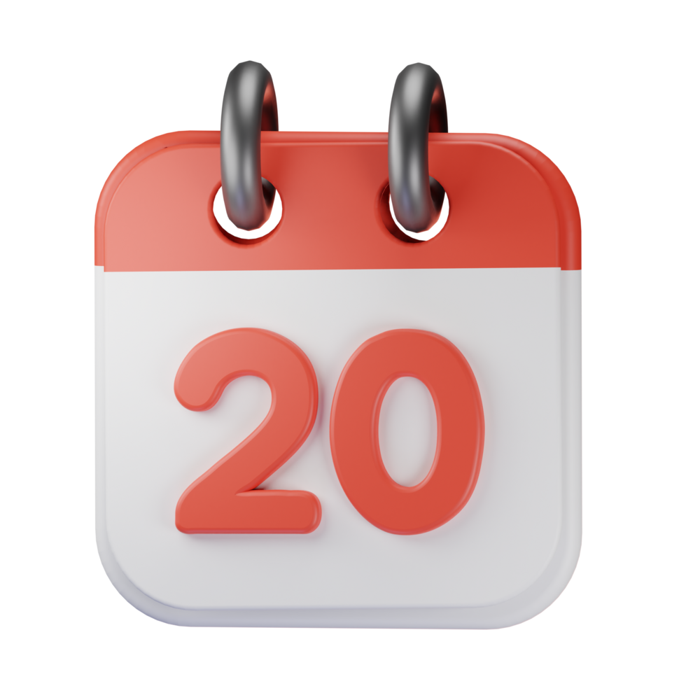 3d icon date 20 red calendar illustration concept icon render png