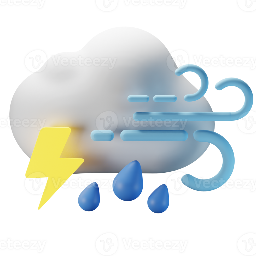 3d icon cloudy thunderstrom heavy rain windy weather forecast illustration concept icon render png