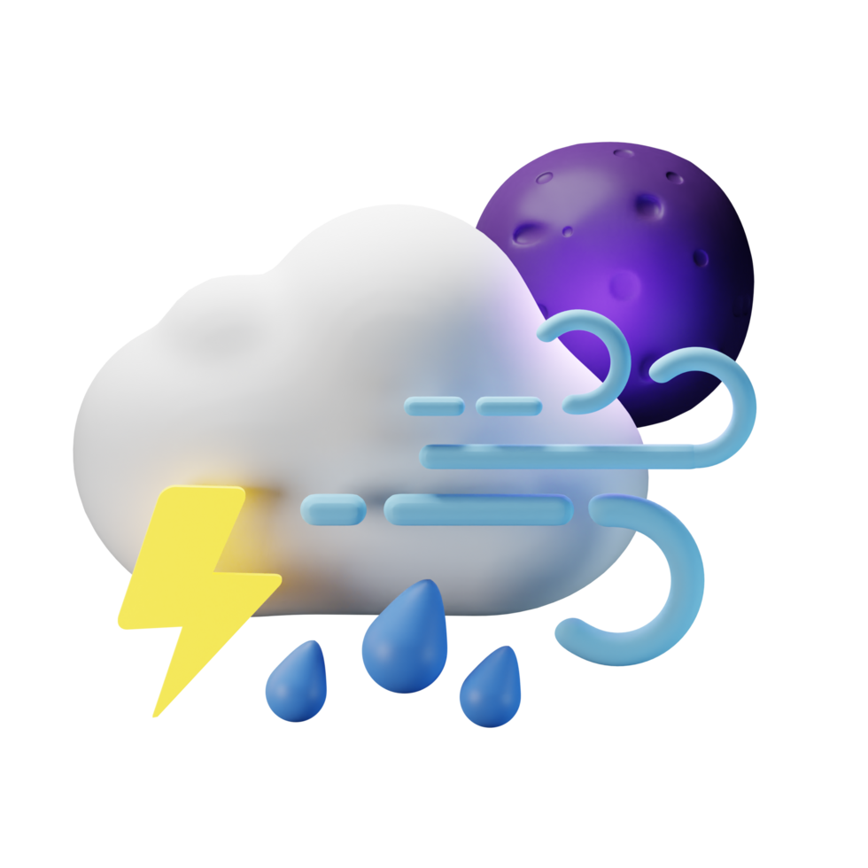 3d icon night full moon thunderstrom heavy rain windy weather forecast illustration concept icon render png