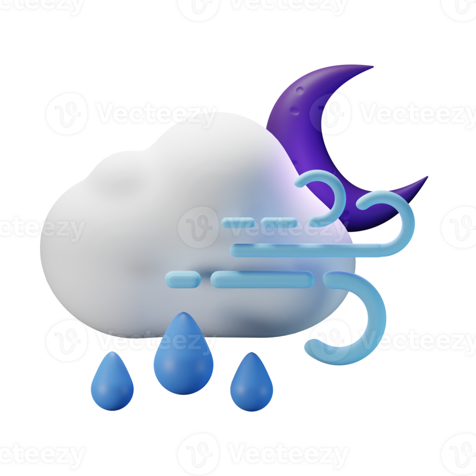 3d icon night half moon rain windy weather forecast illustration concept icon render png