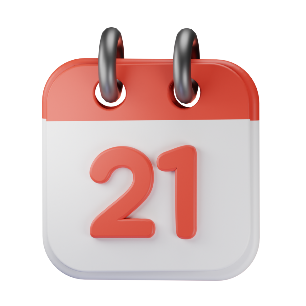 3d icon date 21 red calendar illustration concept icon render png