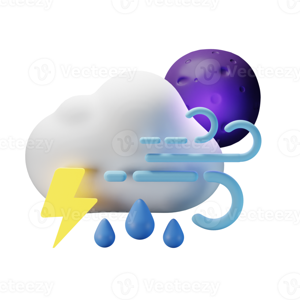 3d icon night full moon thunder rain windy weather forecast illustration concept icon render png