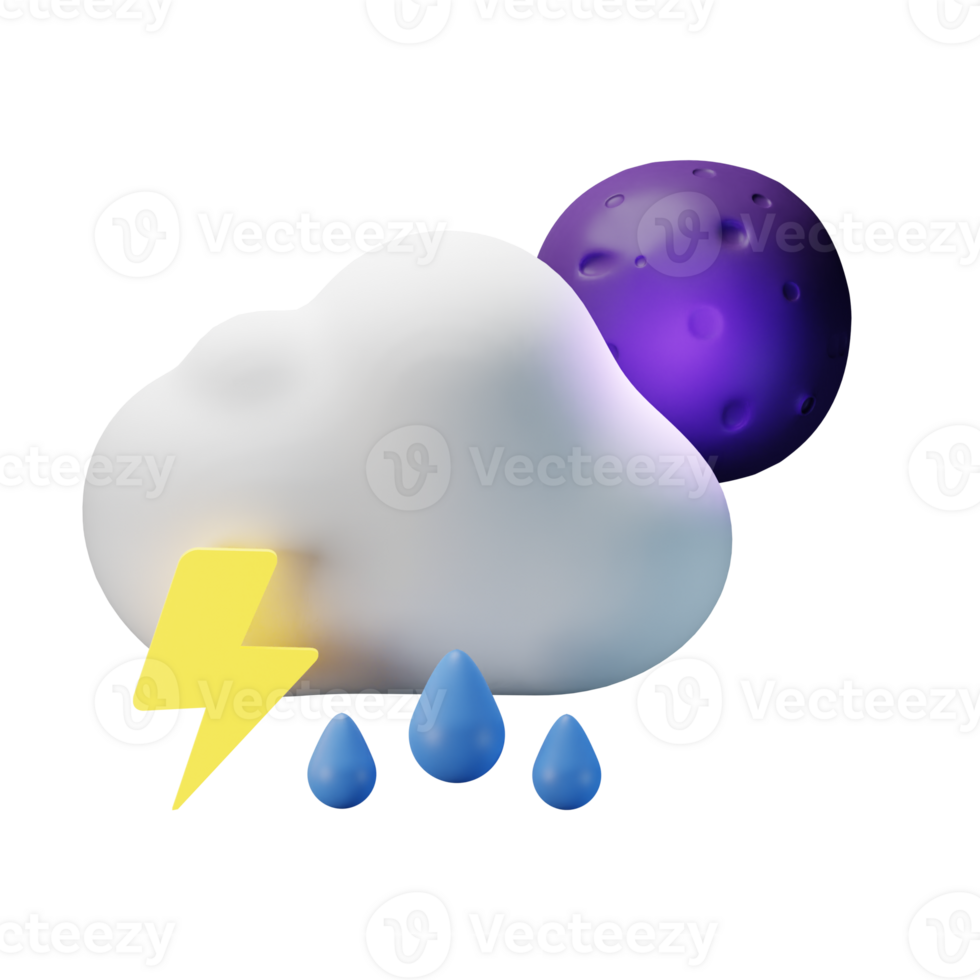3d icon night full moon thunder rain weather forecast illustration concept icon render png