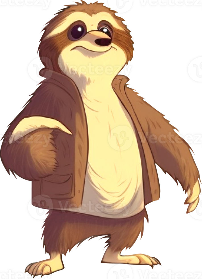 Sloth character. Cute cartoon sloth-bear character. Funny lazy animal,clip art illustration. Jungle rainforest sloth. Tropical mammal or adorable sloth. png