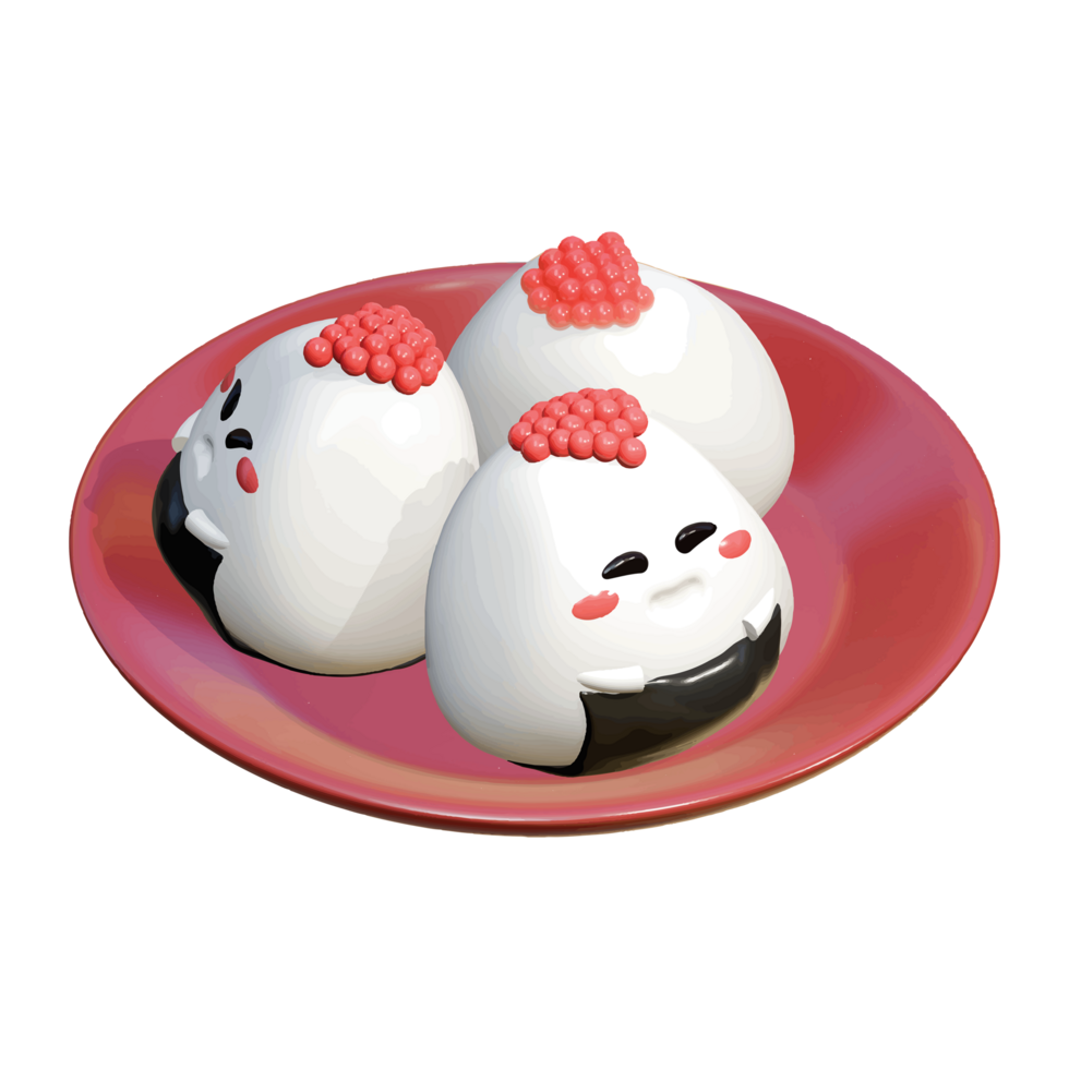 A plate with three onigiri 3D png